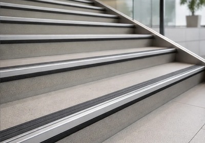 Aluminium stair nosing installed on a modern staircase edge for safety and protection