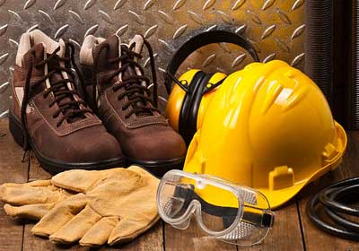 UK workplace PPE essentials including safety boots, gloves, and high-vis gear